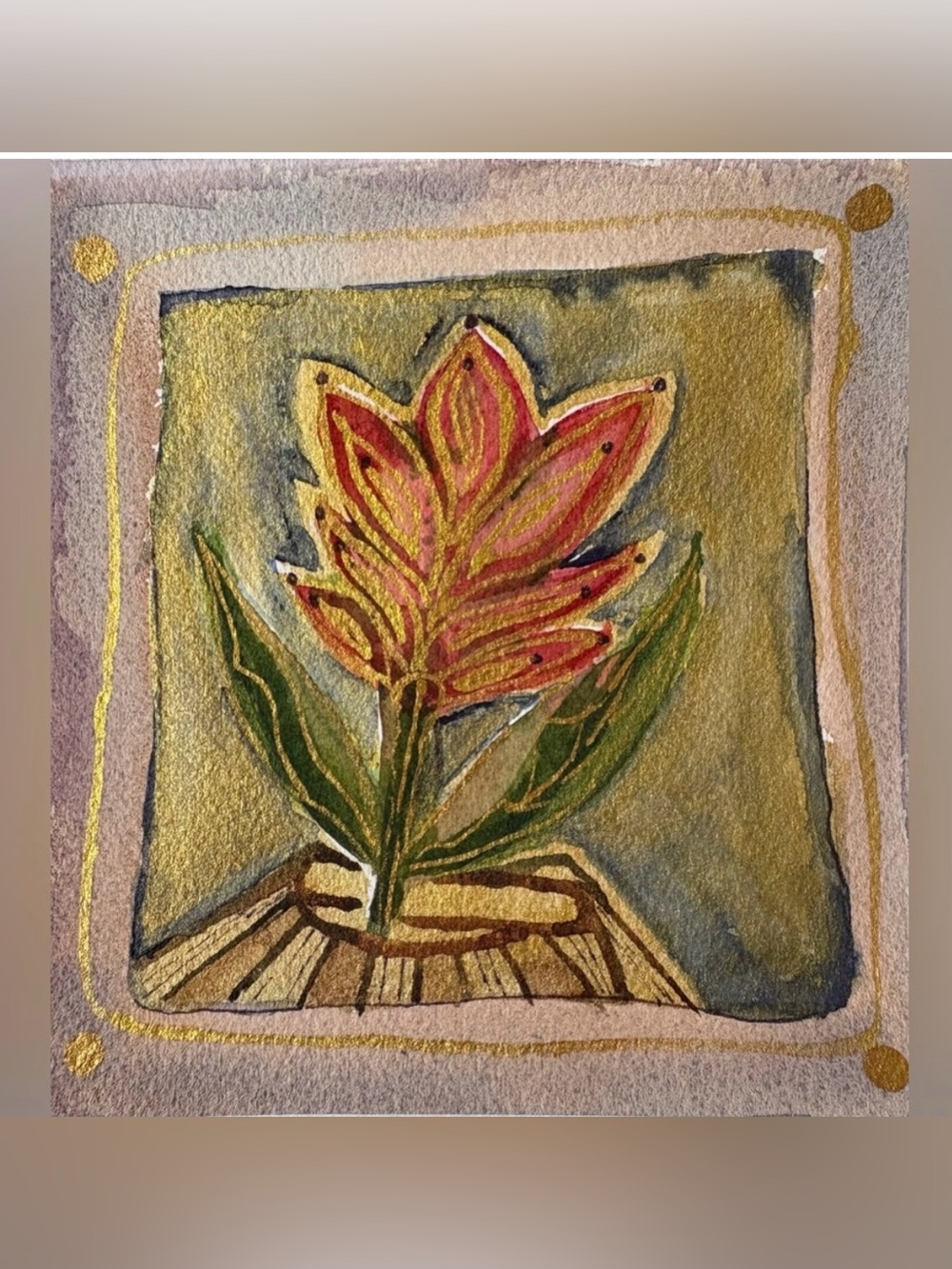 Original floral watercolor painting mini folk art  gold accents 5.75”x5.5”